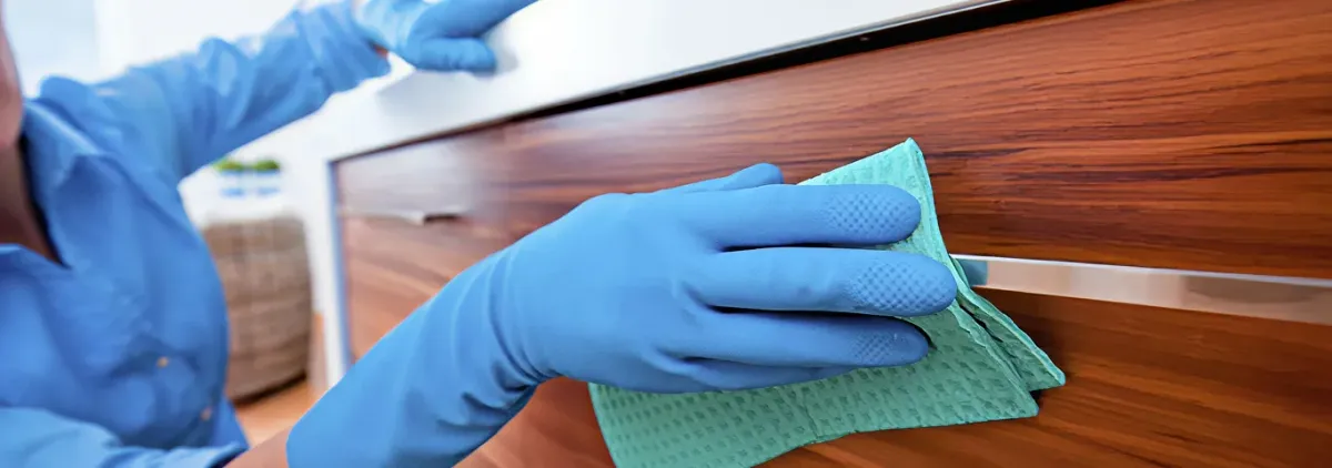 Cleaner wearing blue gloves wiping a wooden cabinet drawer with a microfiber cloth for dust and grime removal, Denver, CO.