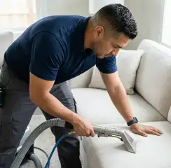 Professional upholstery cleaning technician using an extraction wand to deep-clean a fabric sofa, Denver, CO.